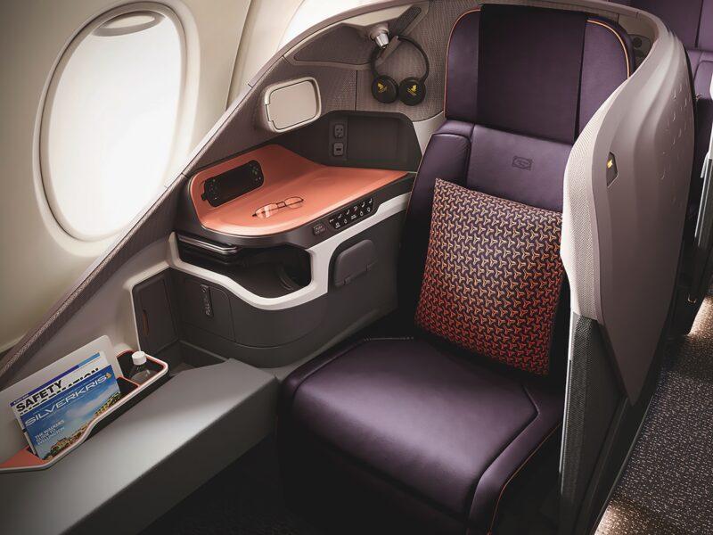 Window seat in a Singapore Airlines cabin upholstered in Pelle Frau® leather