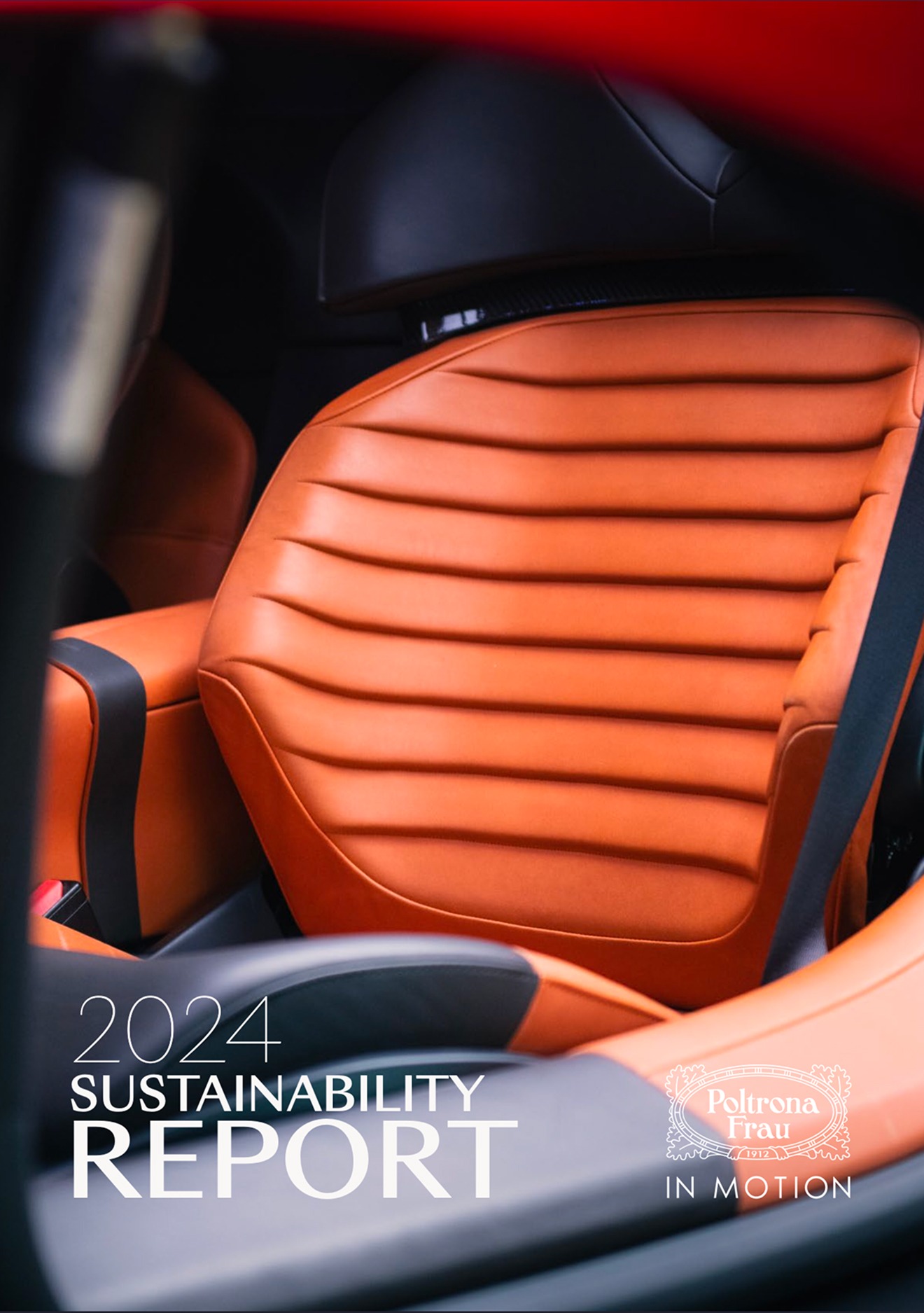 image 26 Cover of the Poltrona Frau In Motion 2024 Sustainability Report featuring an orange car seat detail
