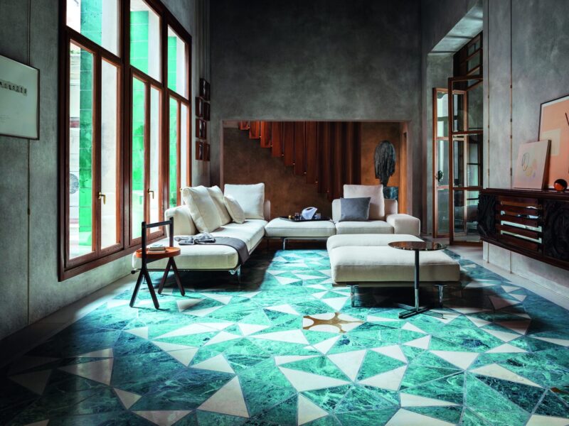 Poltrona Frau design lounge with geometric green marble flooring