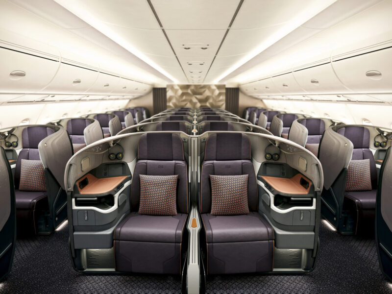 Cabin interior of a Singapore Airlines aircraft with seats upholstered in Pelle Frau® leather